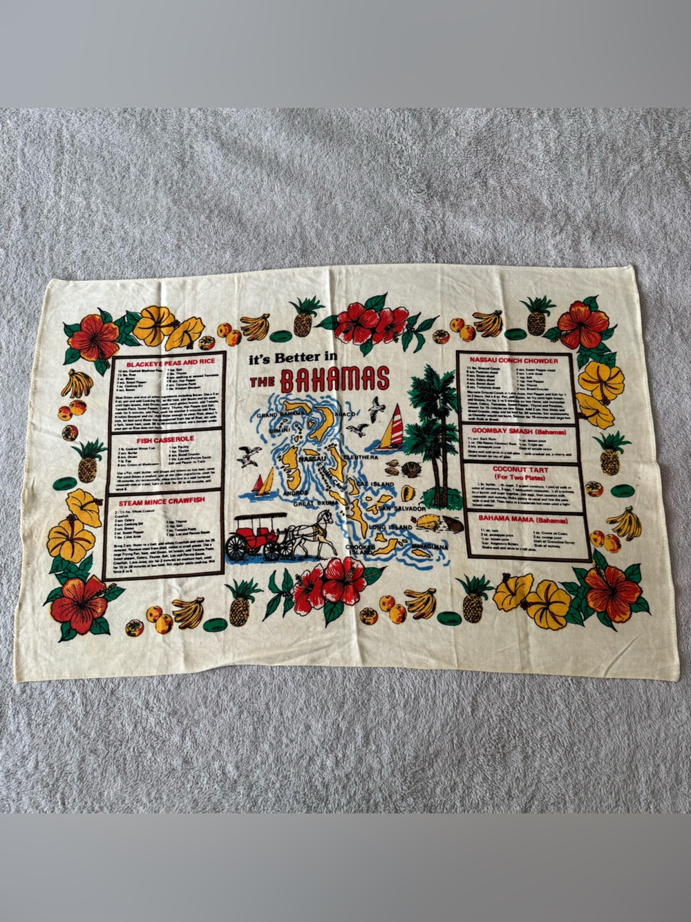 Vintage Bahamas Tourist Tea Towel - Cream with Red, Yellow & Green Floral Print
